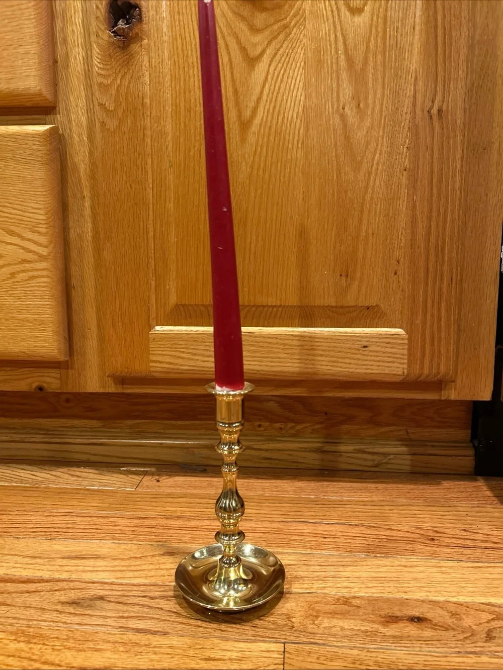 Brass Gold Tone Taper Candle Holder, Decorative Round Base, may be a Bombay